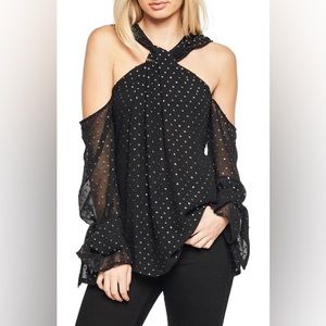 NWT!✨Exclusive Bardot Cold Shoulder Metallic Swiss❄️ Holiday Blouse Black 6
